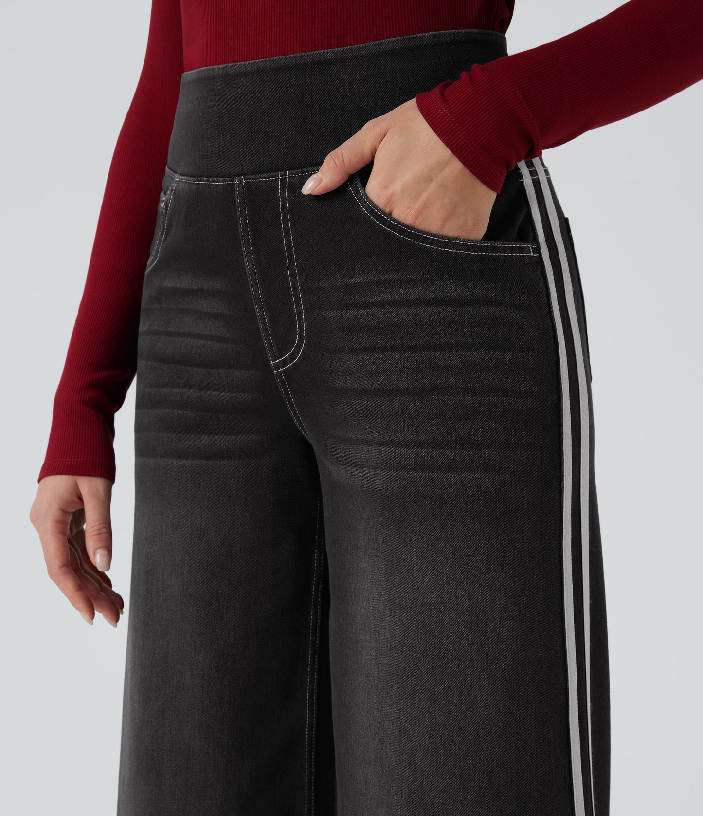 FYsuper-High Waisted Stripe Wide Leg Flowy Washed Casual Jeans with Pockets