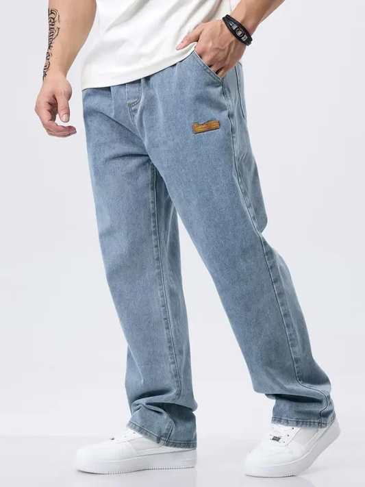 FYsuper Men's Regular Fit Patched Drawstring Waist Jeans