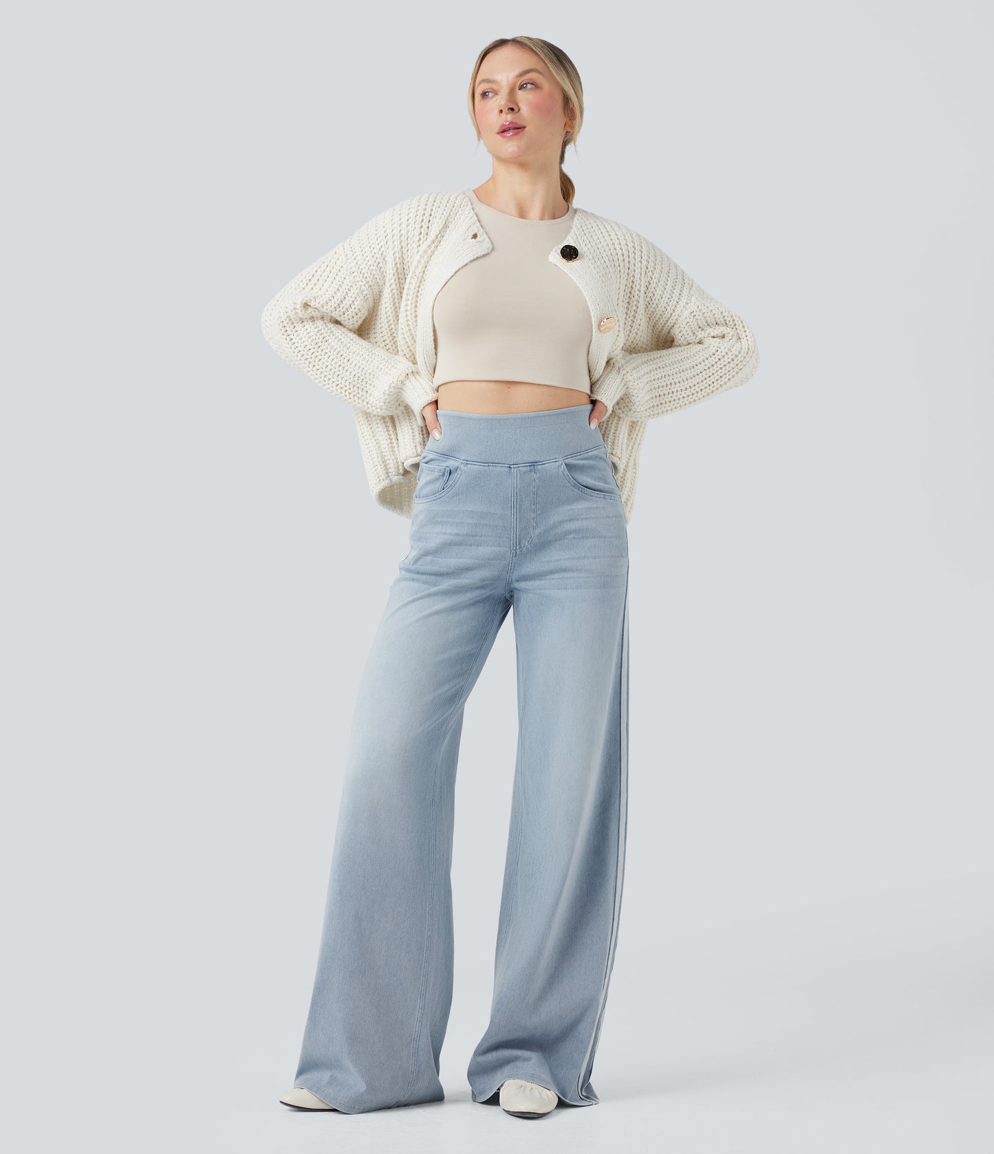 FYsuper-High Waisted Stripe Wide Leg Flowy Washed Casual Jeans with Pockets