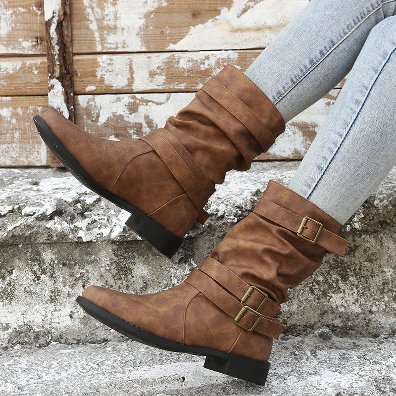 Women's Matte PU Buckle-Detailed Slouch Boots - Crushed Texture Stacked Mid-Calf Flat Boots (US 5-10.5)