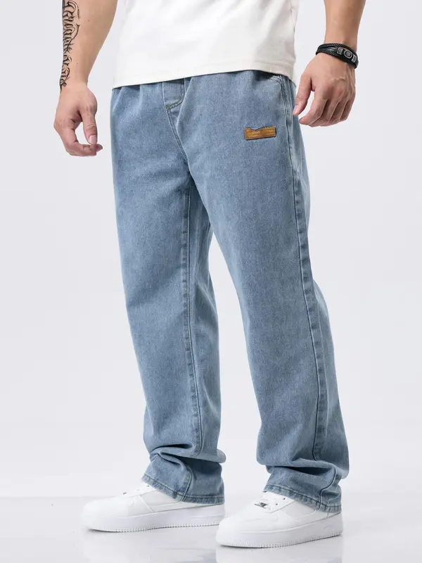 FYsuper Men's Regular Fit Patched Drawstring Waist Jeans
