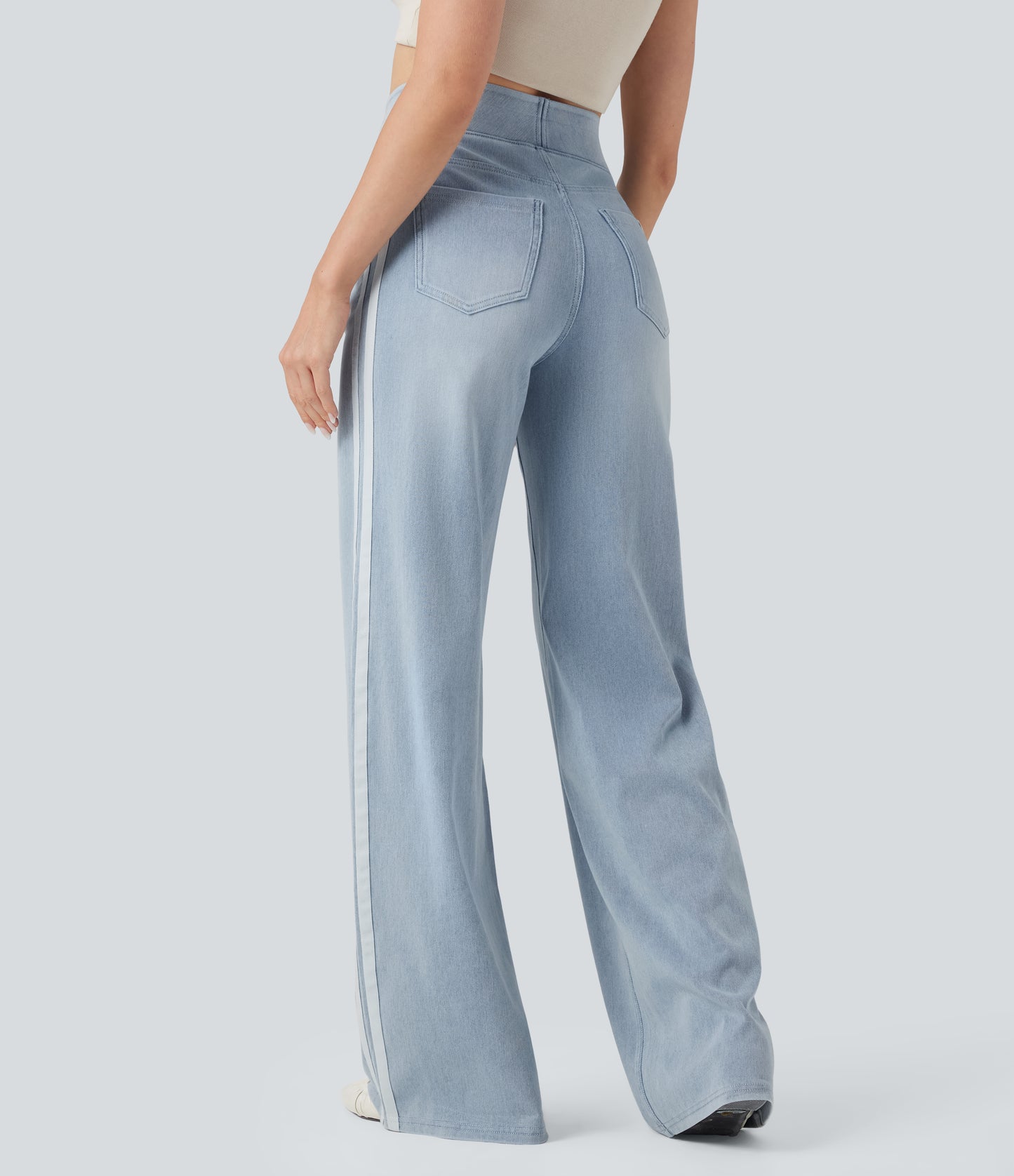 FYsuper-High Waisted Stripe Wide Leg Flowy Washed Casual Jeans with Pockets