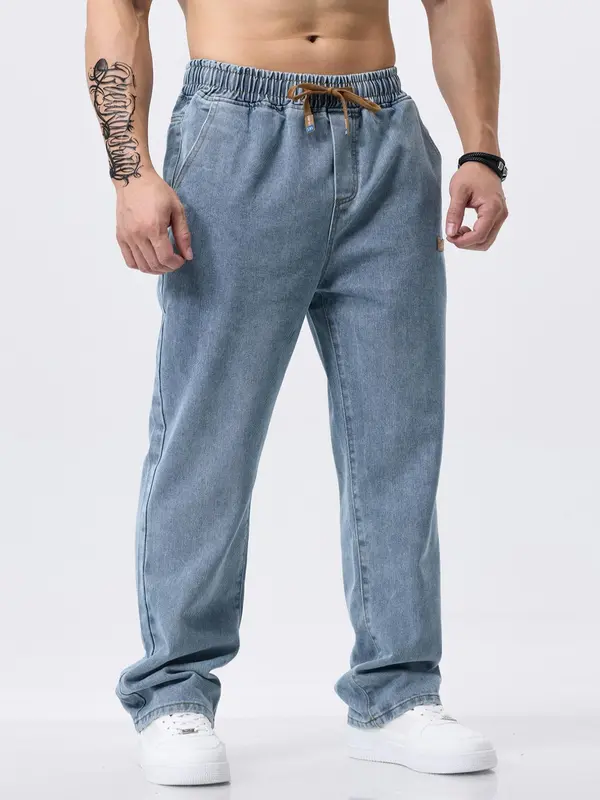 FYsuper Men's Regular Fit Patched Drawstring Waist Jeans