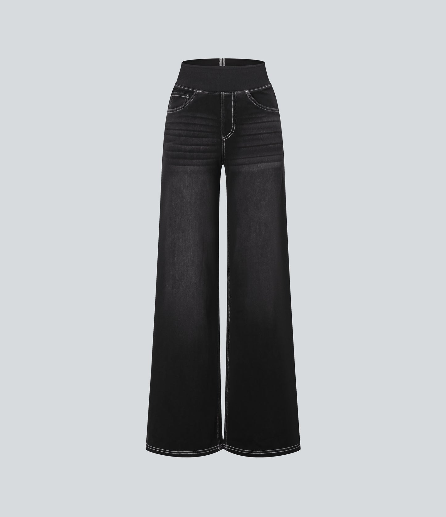 FYsuper-High Waisted Stripe Wide Leg Flowy Washed Casual Jeans with Pockets