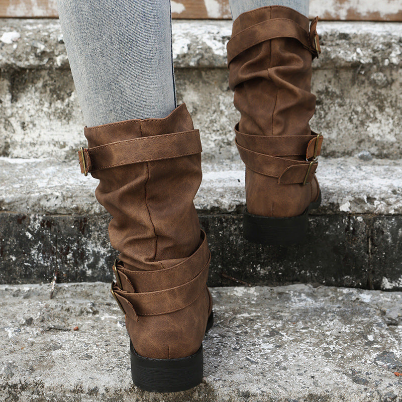 Women's Matte PU Buckle-Detailed Slouch Boots - Crushed Texture Stacked Mid-Calf Flat Boots (US 5-10.5)