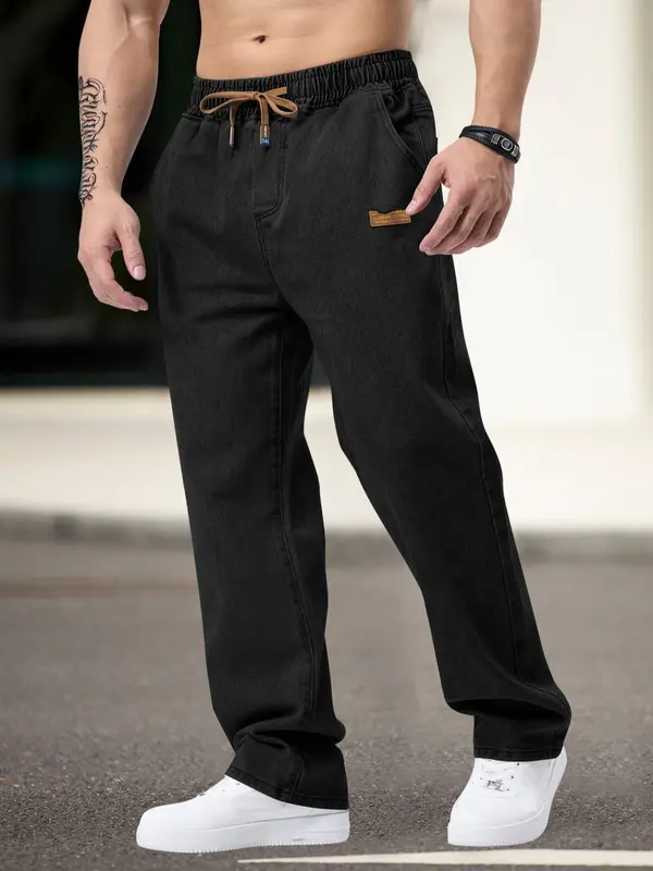 FYsuper Men's Regular Fit Patched Drawstring Waist Jeans