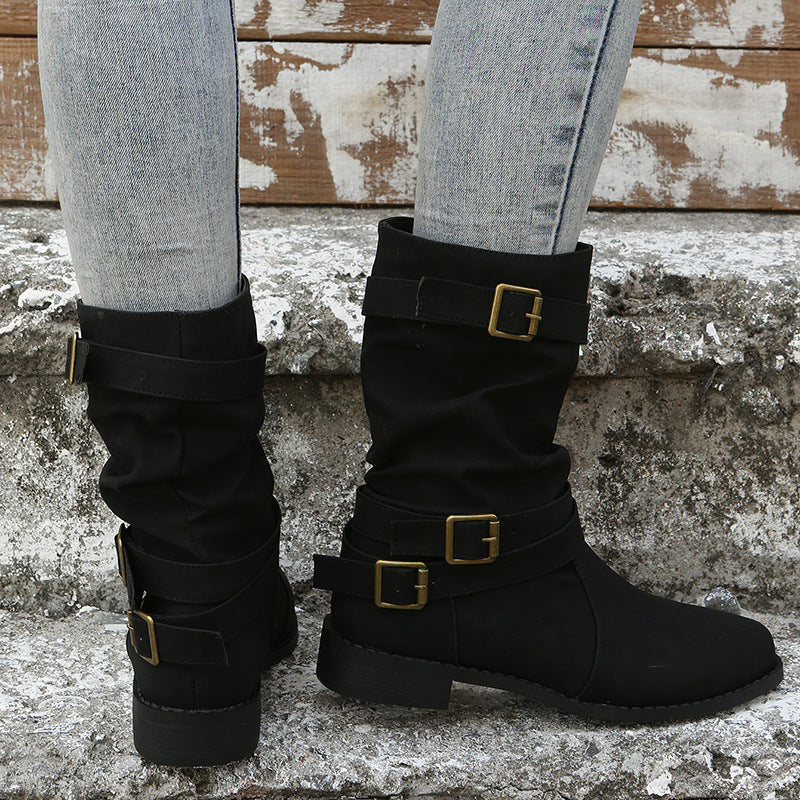 Women's Matte PU Buckle-Detailed Slouch Boots - Crushed Texture Stacked Mid-Calf Flat Boots (US 5-10.5)