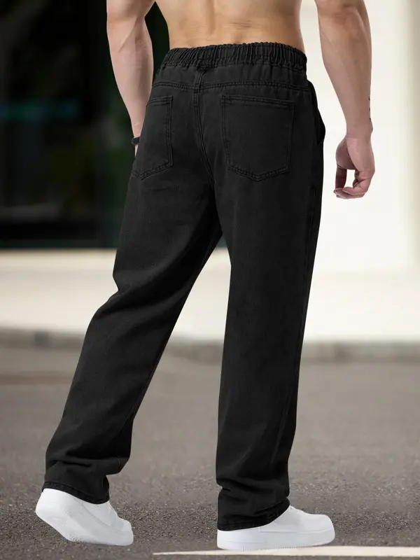 FYsuper Men's Regular Fit Patched Drawstring Waist Jeans