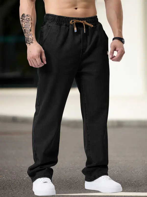 FYsuper Men's Regular Fit Patched Drawstring Waist Jeans
