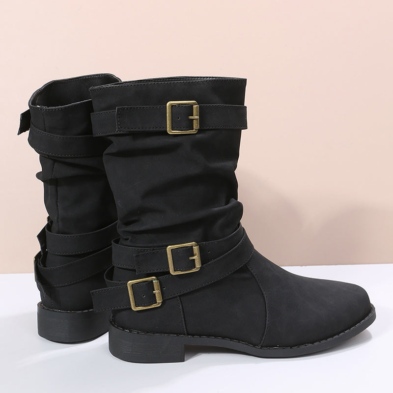 Women's Matte PU Buckle-Detailed Slouch Boots - Crushed Texture Stacked Mid-Calf Flat Boots (US 5-10.5)