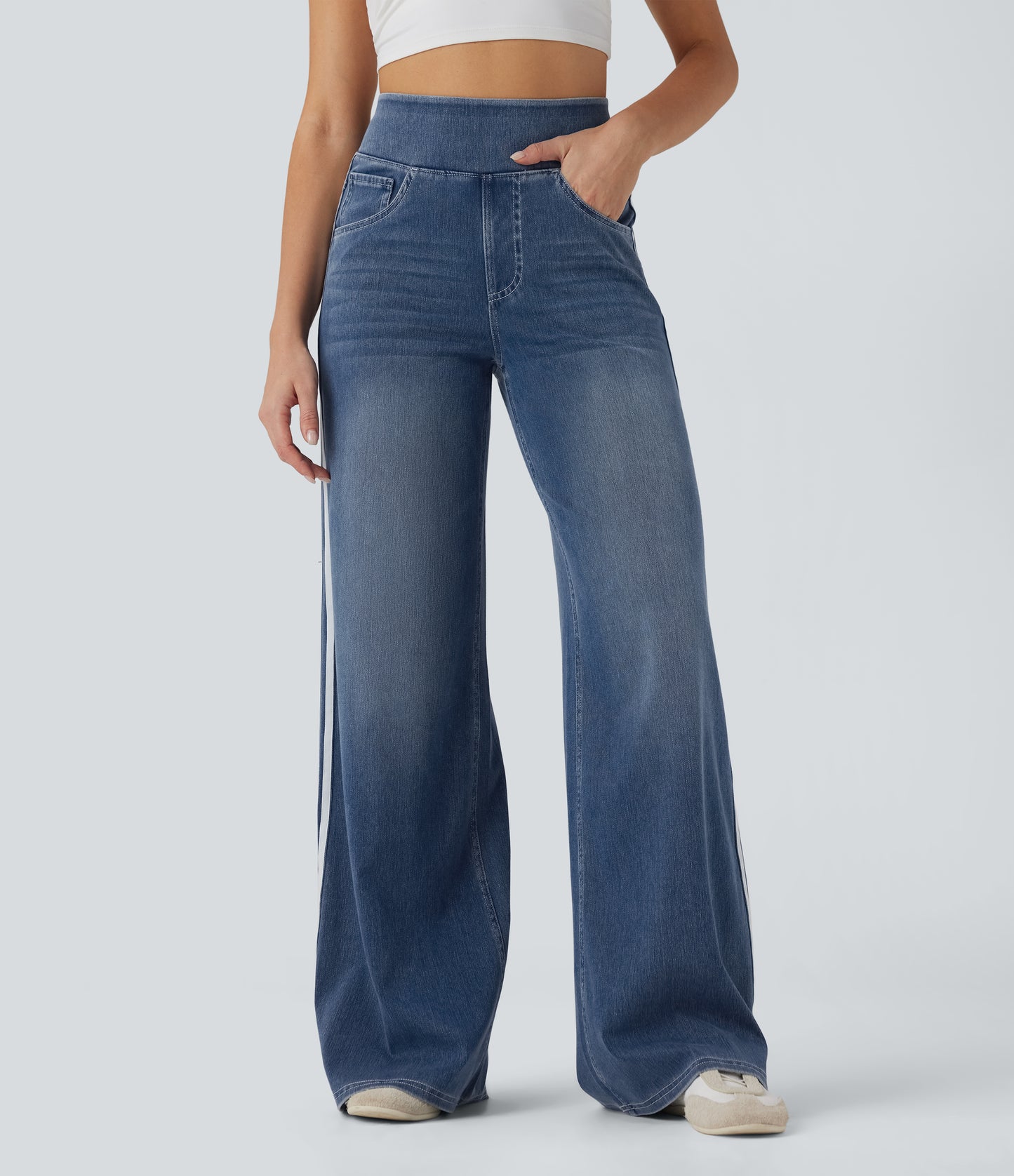 FYsuper-High Waisted Stripe Wide Leg Flowy Washed Casual Jeans with Pockets