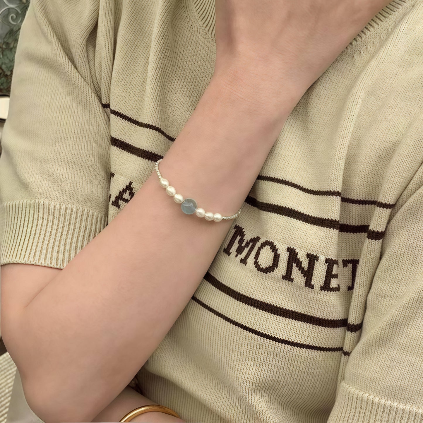 925 silver bracelet "Summer of Yunbing" pearl sea blue silver bracelet Chinese style design jewelry