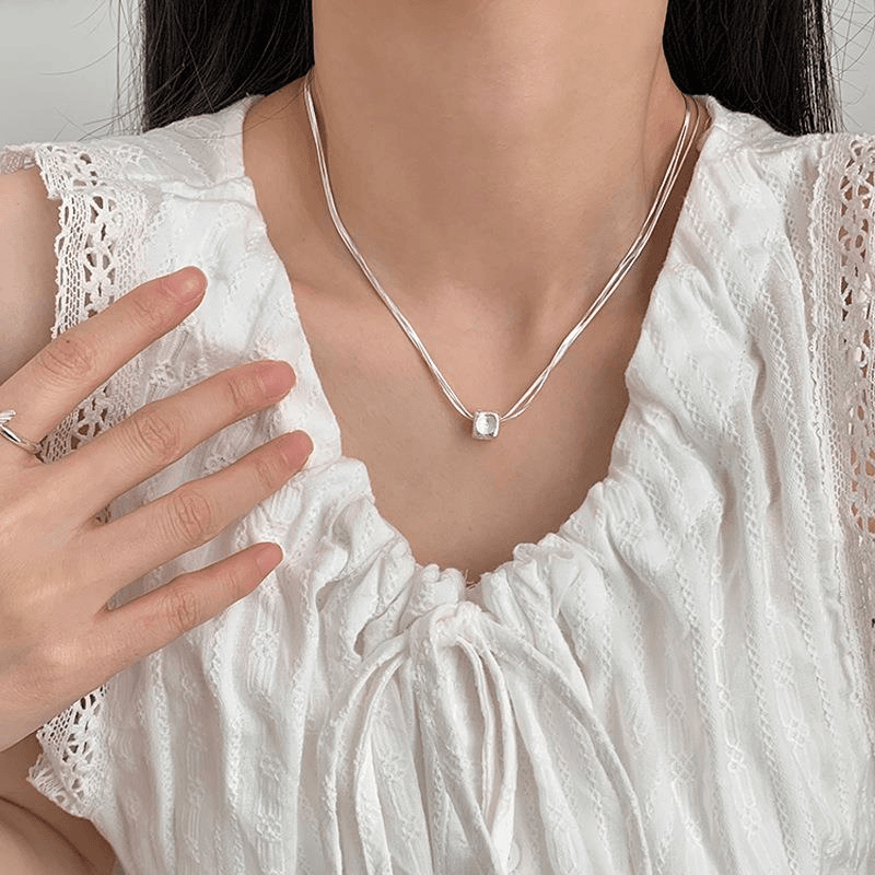 925 silver frosted cube multi-layer snake bone chain ins design cool necklace clavicle chain