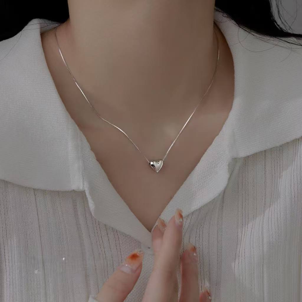 925 Necklace Brushed Small Heart Necklace Simple Design Same Style All-match Extremely Thin Clavicle Chain