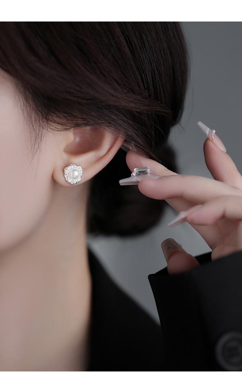 Pure silver pearl earrings s925 lava earrings for women French style simple light luxury high-end temperament versatile texture earrings