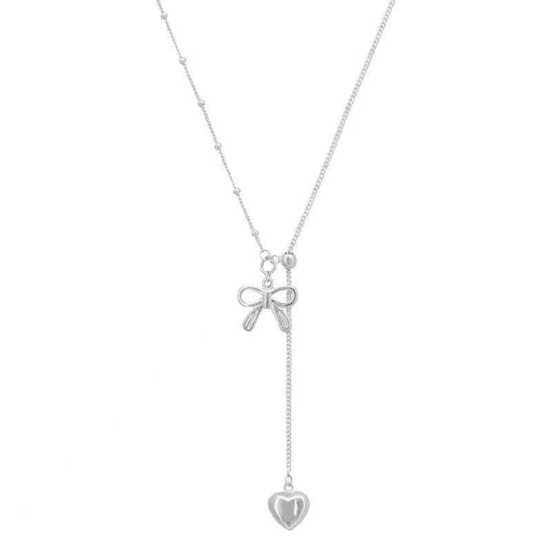 925 silver Korean style pull-out bow tassel necklace 2025 new style simple light luxury versatile niche high-end