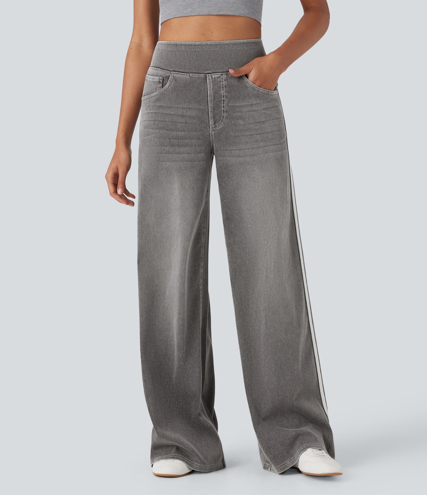 FYsuper-High Waisted Stripe Wide Leg Flowy Washed Casual Jeans with Pockets