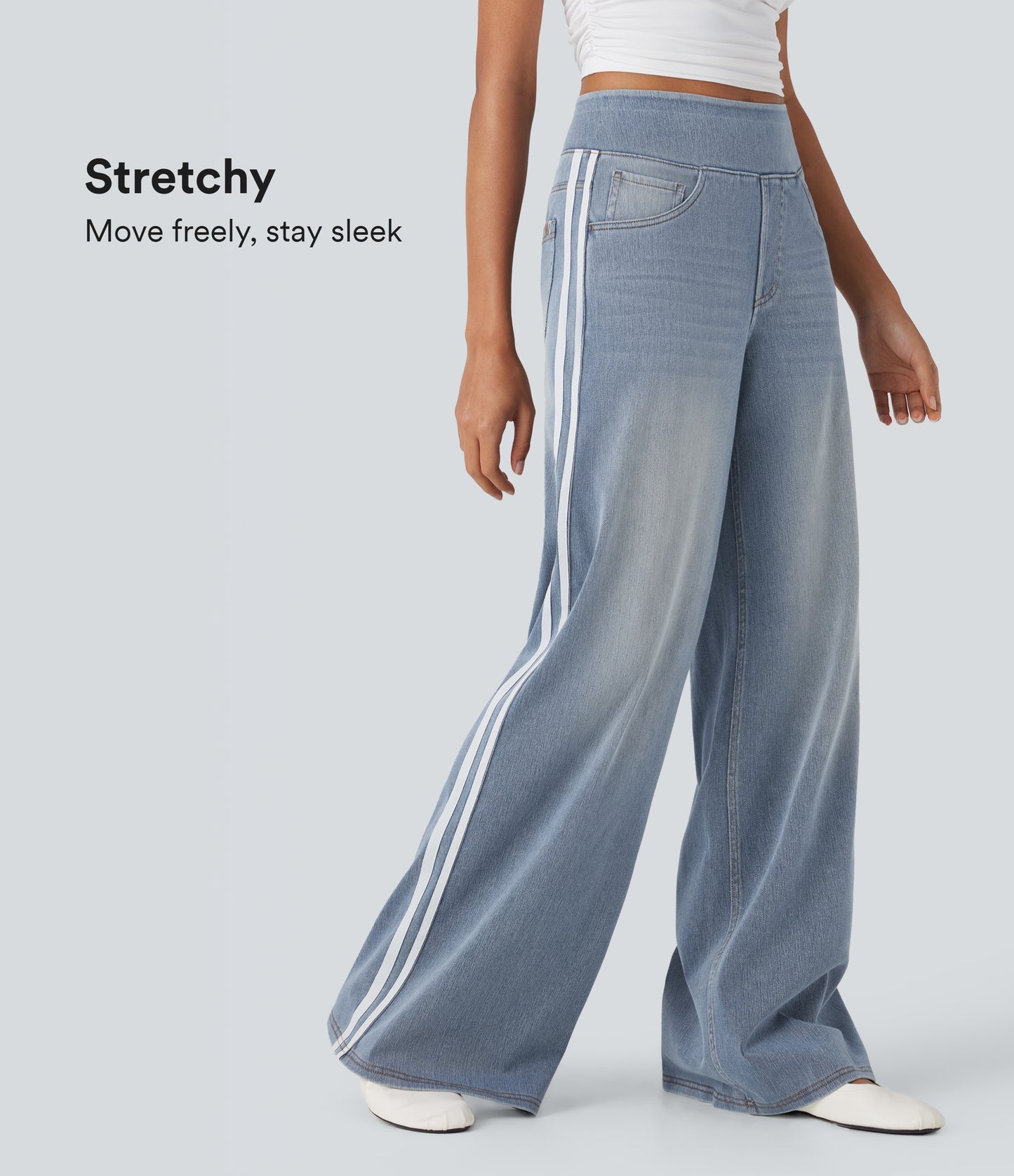 FYsuper-High Waisted Stripe Wide Leg Flowy Washed Casual Jeans with Pockets