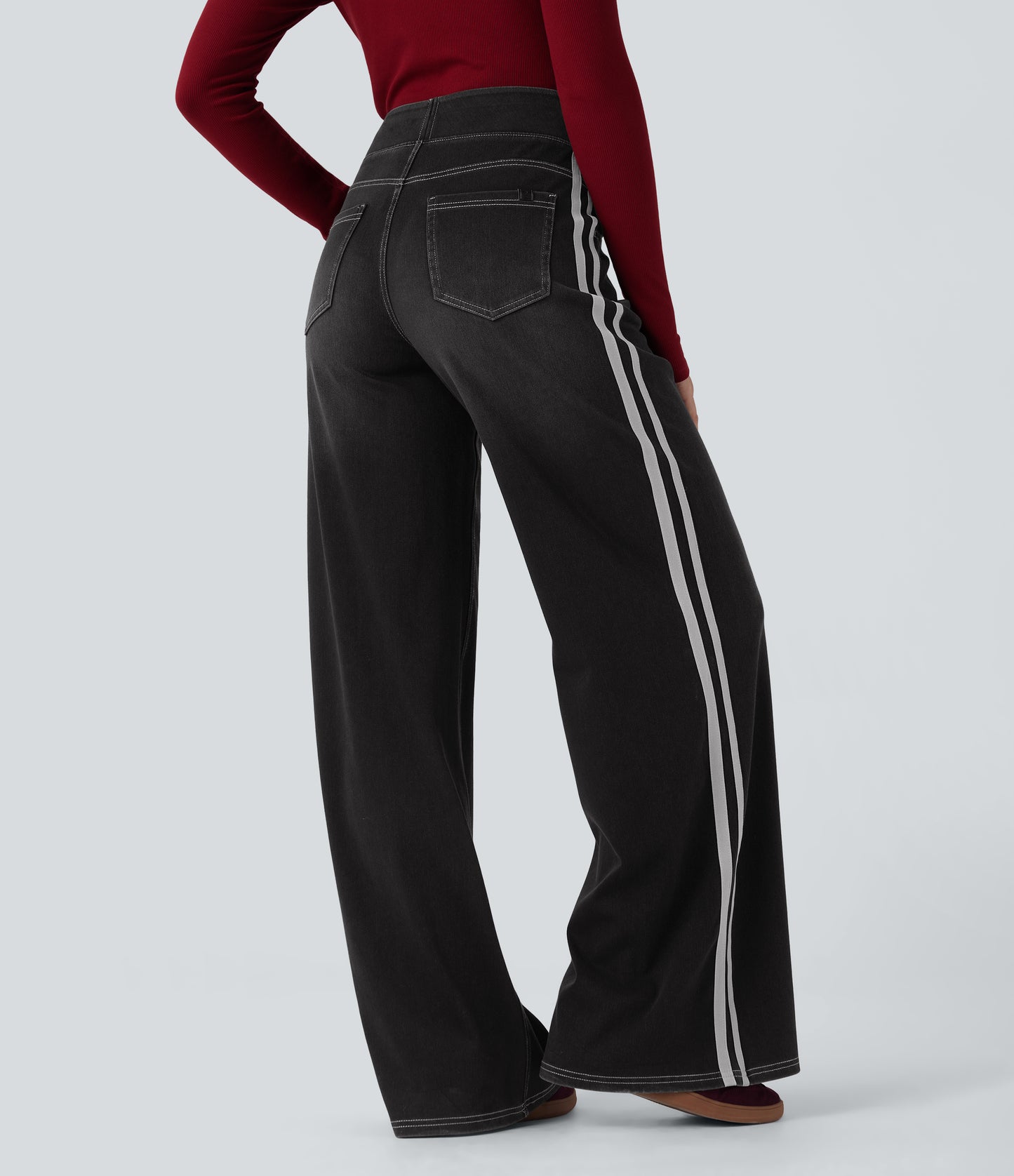 FYsuper-High Waisted Stripe Wide Leg Flowy Washed Casual Jeans with Pockets