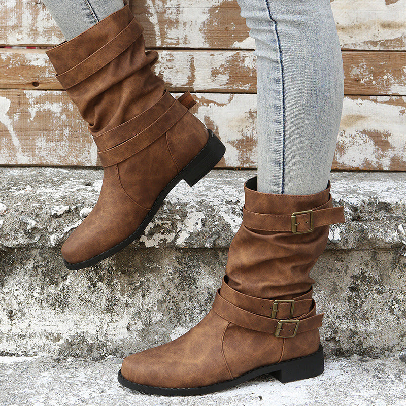 Women's Matte PU Buckle-Detailed Slouch Boots - Crushed Texture Stacked Mid-Calf Flat Boots (US 5-10.5)