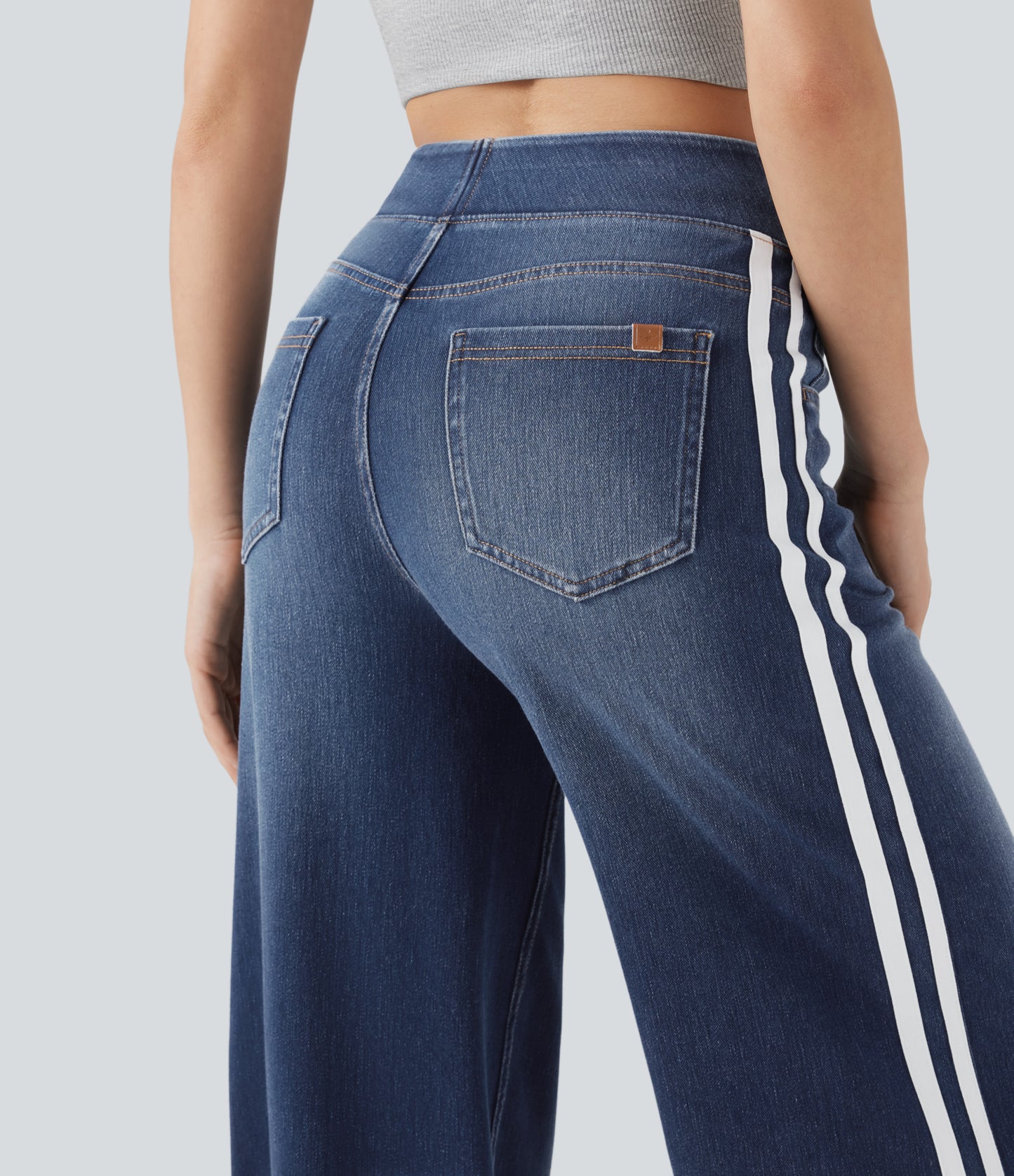 FYsuper-High Waisted Stripe Wide Leg Flowy Washed Casual Jeans with Pockets