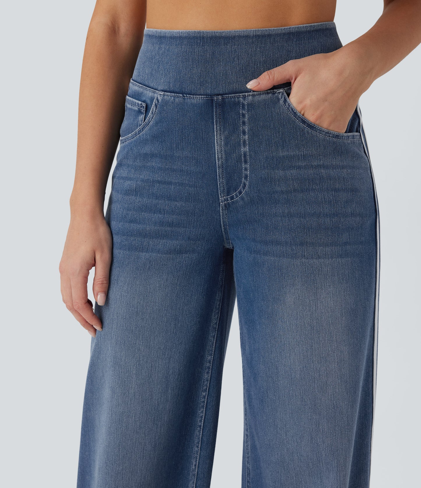 FYsuper-High Waisted Stripe Wide Leg Flowy Washed Casual Jeans with Pockets