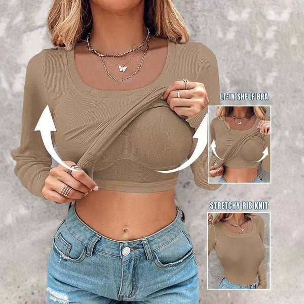š„Neck Built-in Bra Long Sleeve Ribbed Top Shirts Elegant Skinny Fit Fabricš„