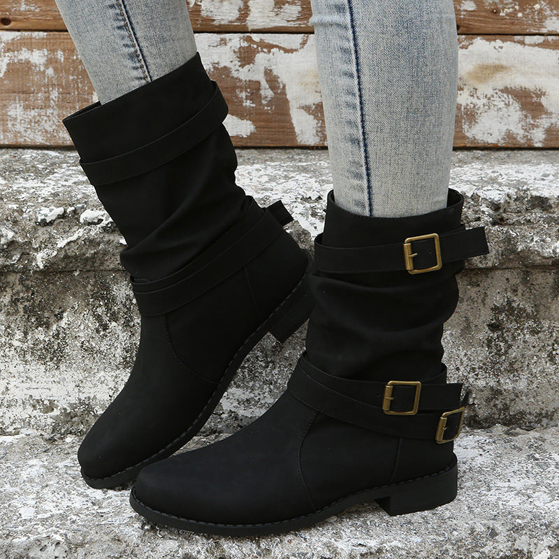 Women's Matte PU Buckle-Detailed Slouch Boots - Crushed Texture Stacked Mid-Calf Flat Boots (US 5-10.5)