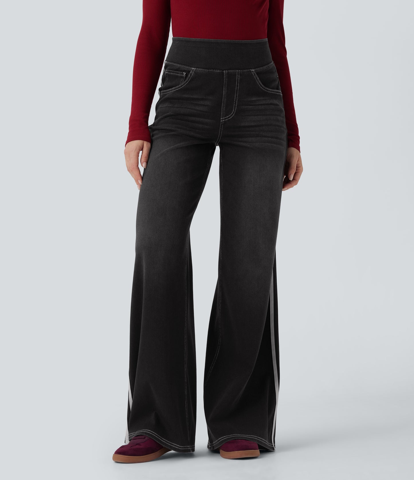 FYsuper-High Waisted Stripe Wide Leg Flowy Washed Casual Jeans with Pockets