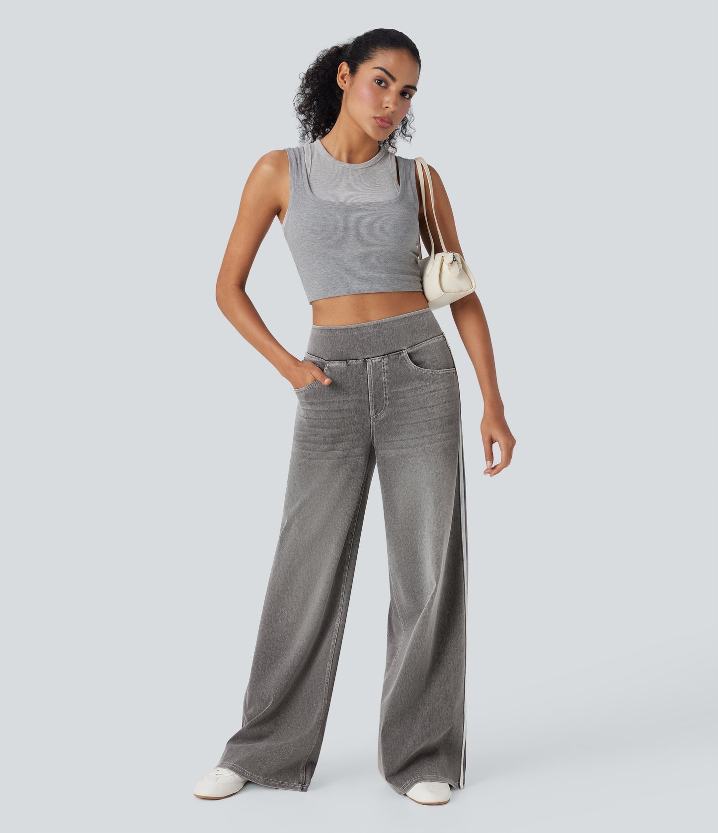 FYsuper-High Waisted Stripe Wide Leg Flowy Washed Casual Jeans with Pockets