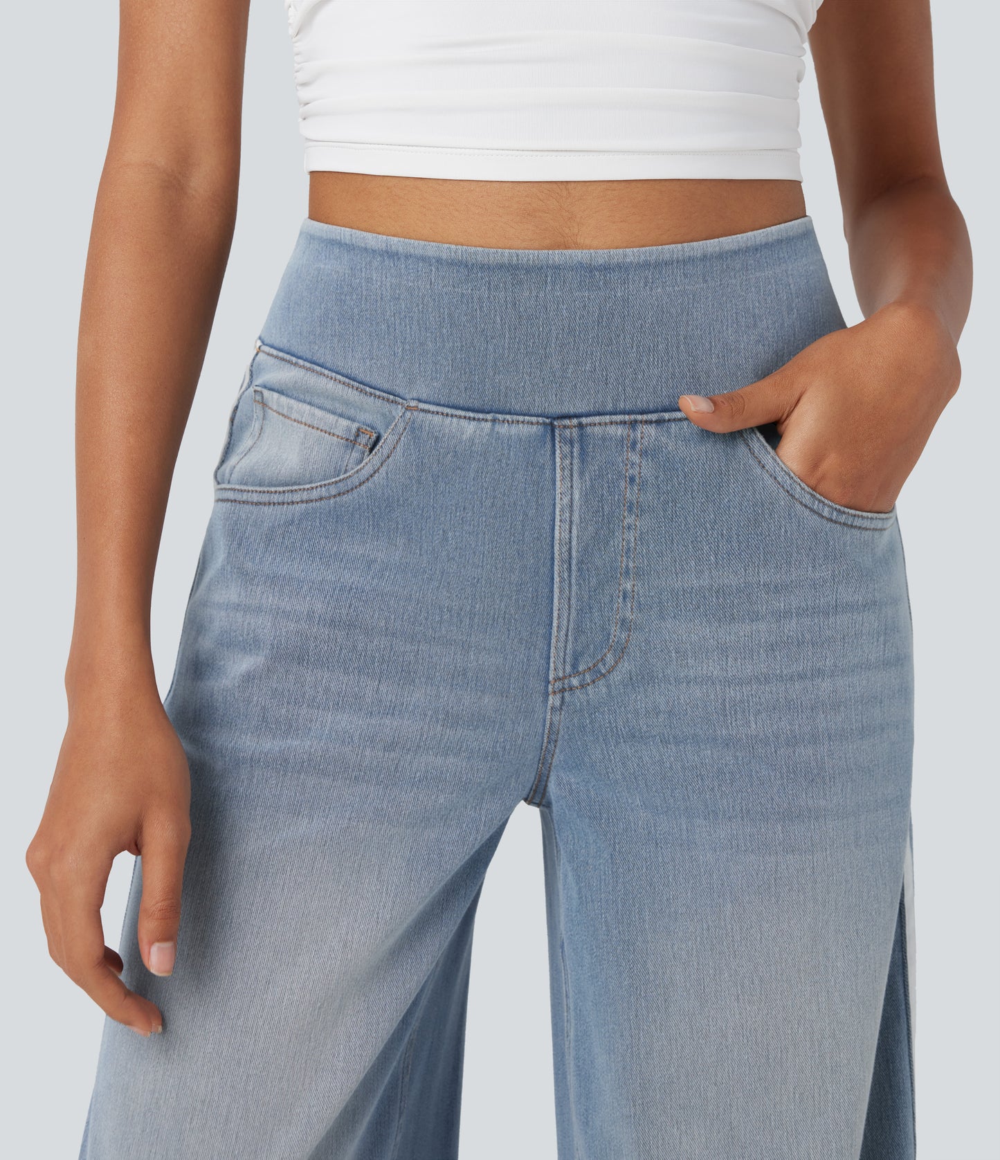 FYsuper-High Waisted Stripe Wide Leg Flowy Washed Casual Jeans with Pockets