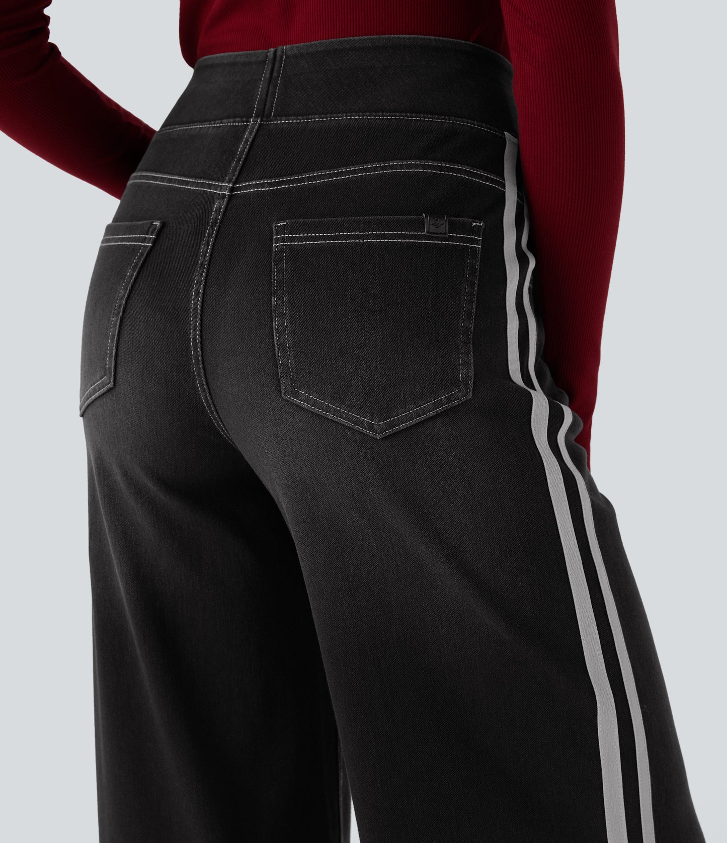 FYsuper-High Waisted Stripe Wide Leg Flowy Washed Casual Jeans with Pockets