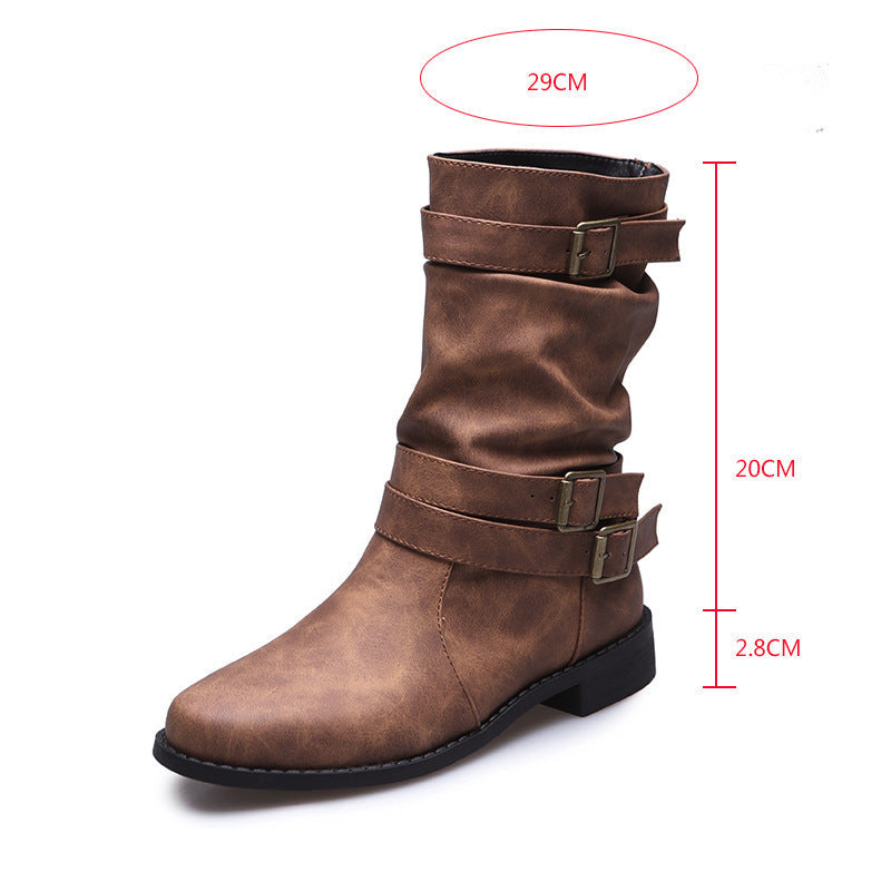 Women's Matte PU Buckle-Detailed Slouch Boots - Crushed Texture Stacked Mid-Calf Flat Boots (US 5-10.5)