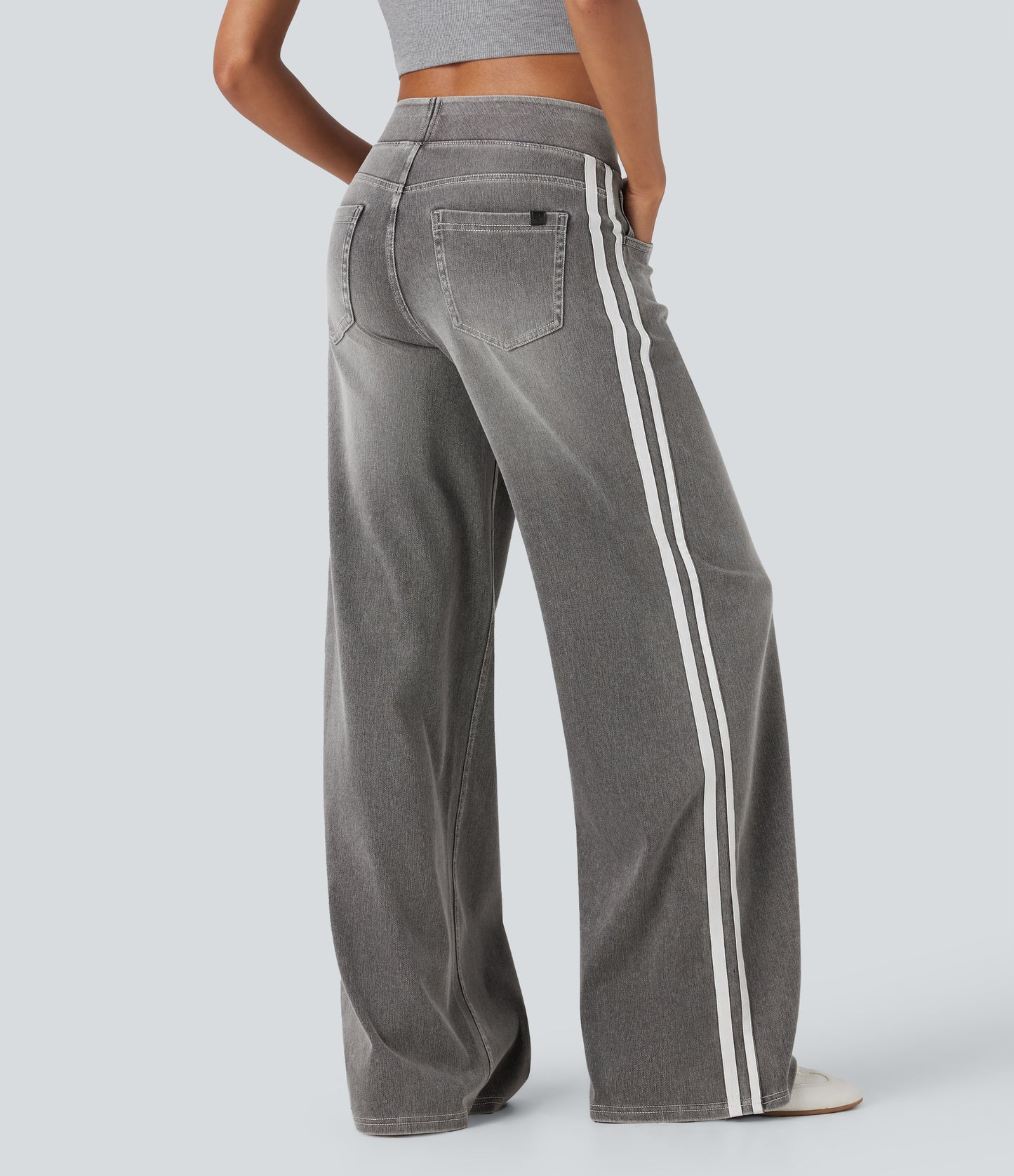 FYsuper-High Waisted Stripe Wide Leg Flowy Washed Casual Jeans with Pockets