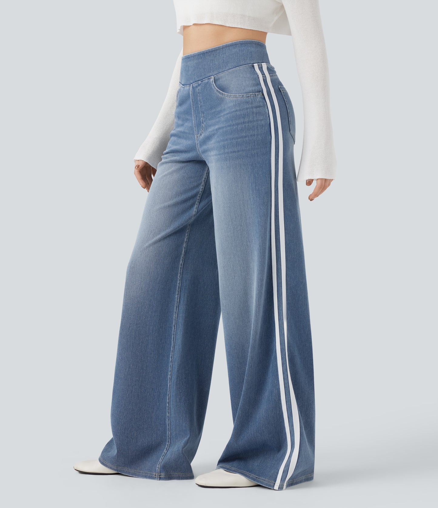 FYsuper-High Waisted Stripe Wide Leg Flowy Washed Casual Jeans with Pockets