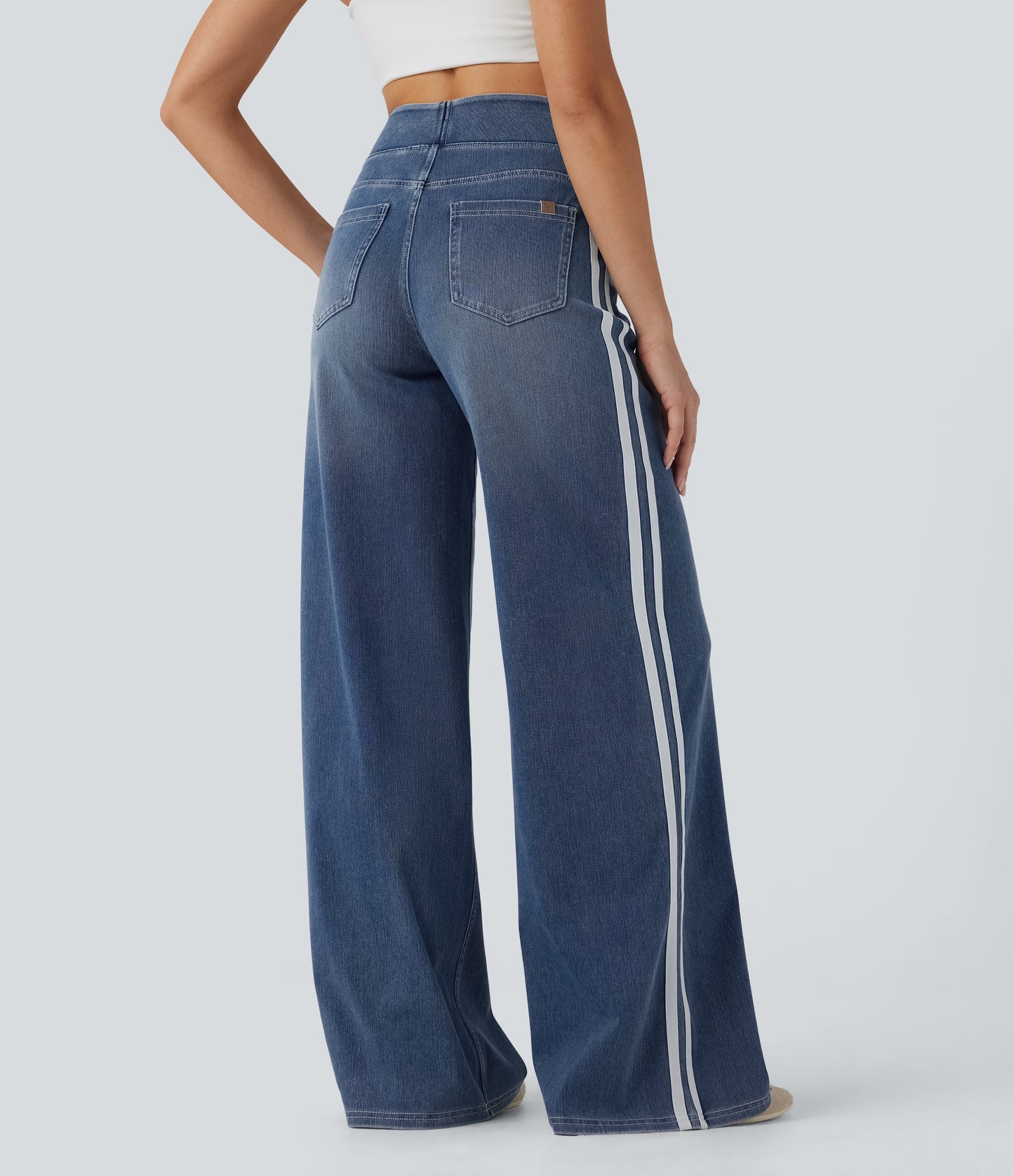 FYsuper-High Waisted Stripe Wide Leg Flowy Washed Casual Jeans with Pockets