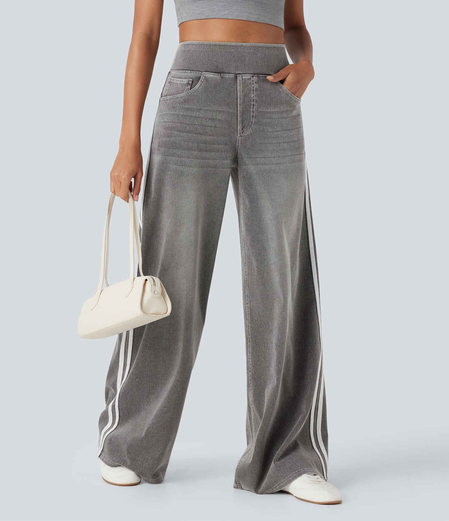 FYsuper-High Waisted Stripe Wide Leg Flowy Washed Casual Jeans with Pockets