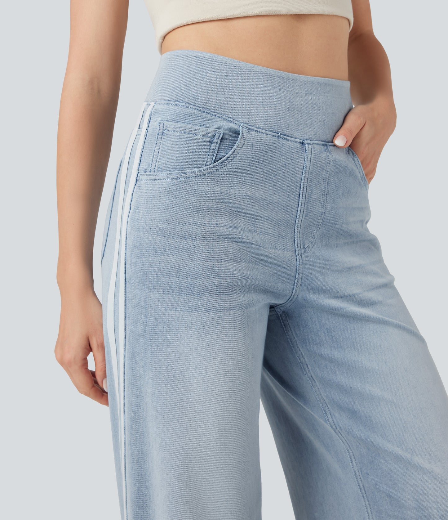 FYsuper-High Waisted Stripe Wide Leg Flowy Washed Casual Jeans with Pockets