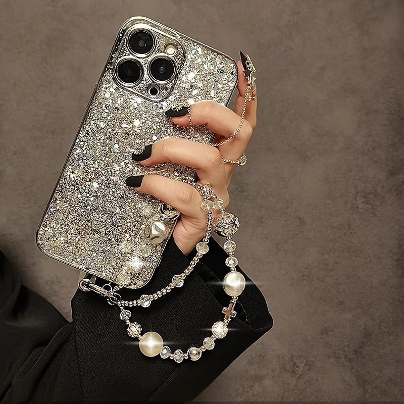 Handmade high-texture double chain rhinestone beads, creative mobile phone lanyard lanyard, camera lanyard chain, portable chain wristband, portable pendant pendant, mobile phone camera ornament