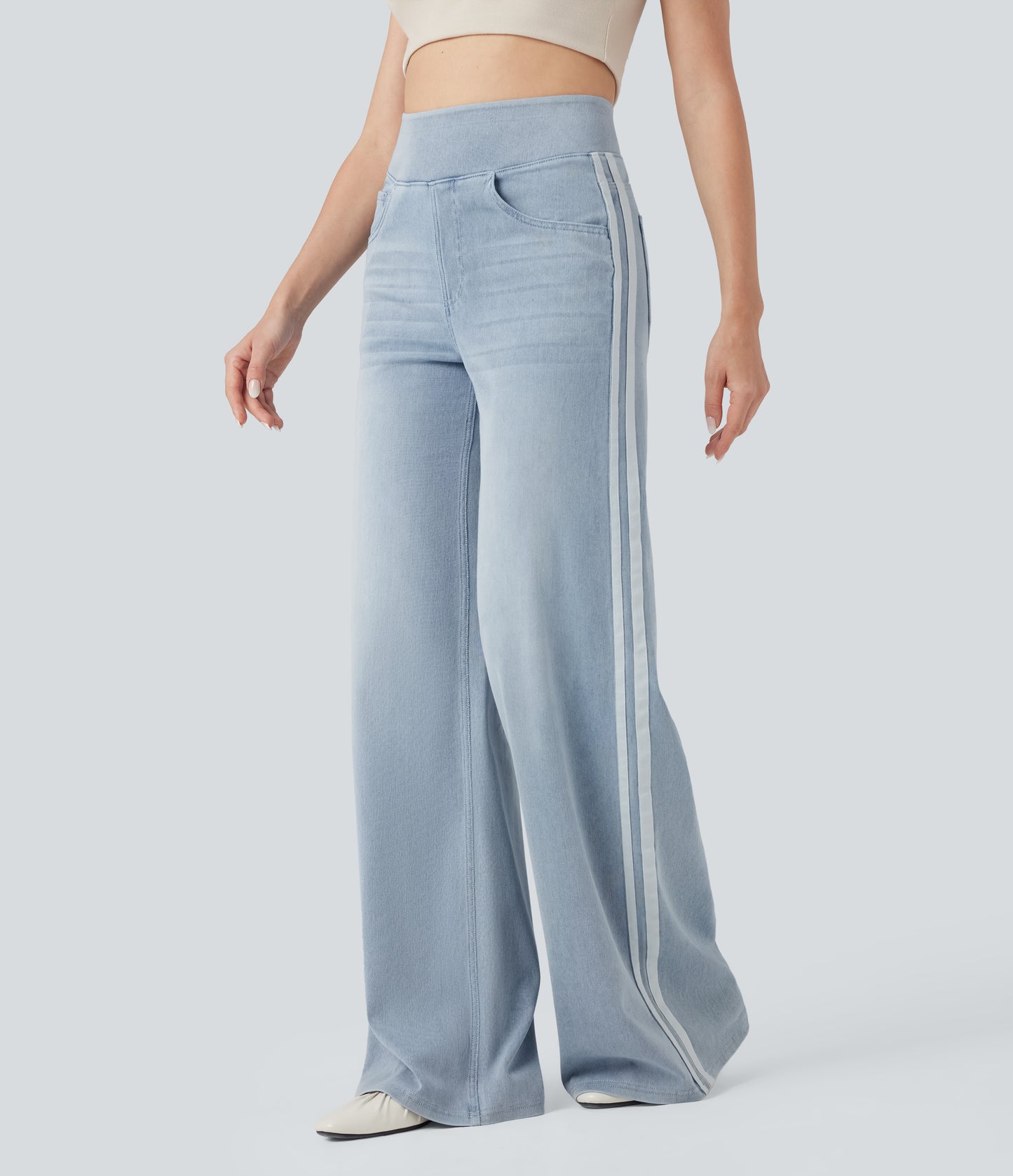 FYsuper-High Waisted Stripe Wide Leg Flowy Washed Casual Jeans with Pockets