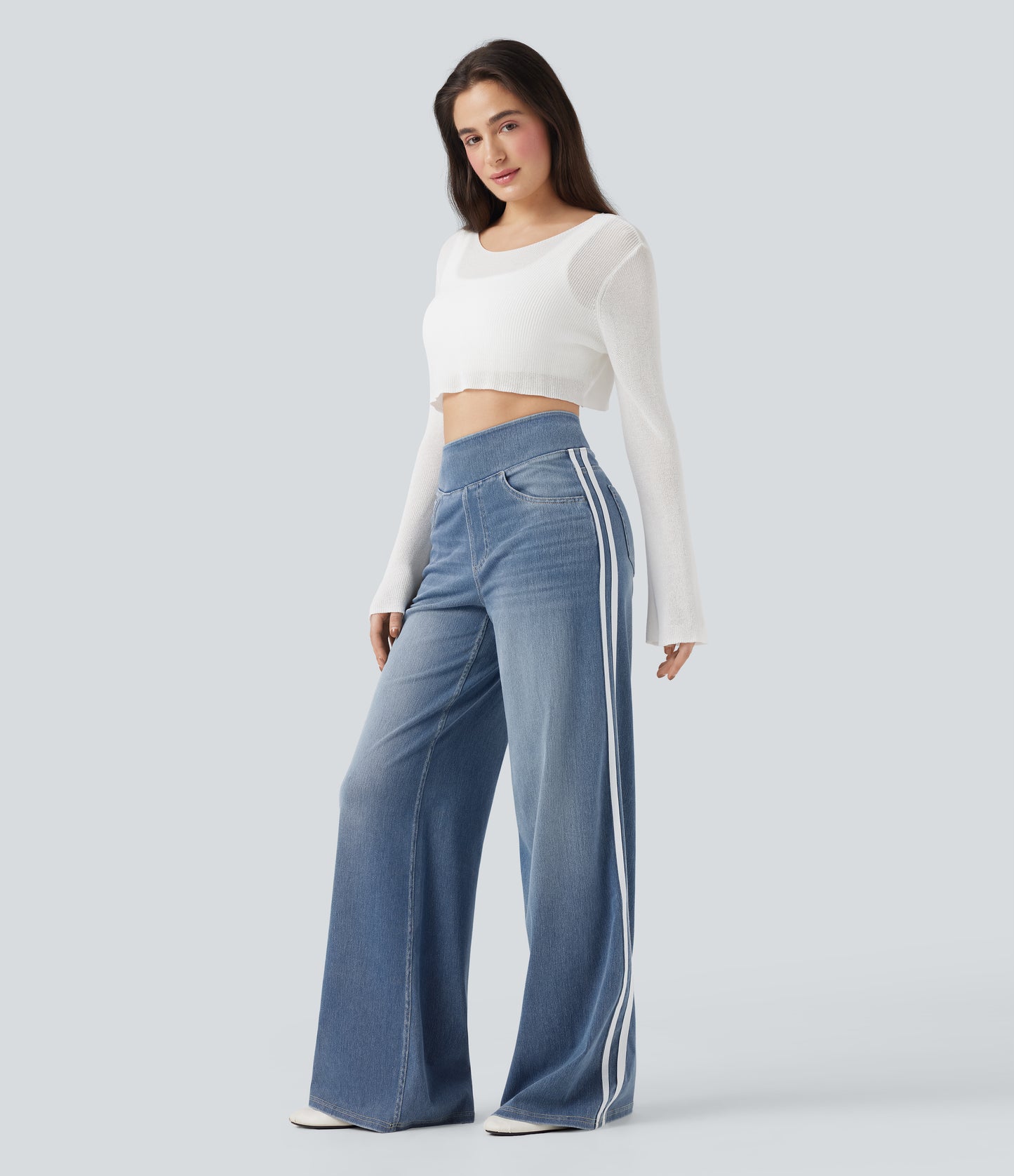 FYsuper-High Waisted Stripe Wide Leg Flowy Washed Casual Jeans with Pockets