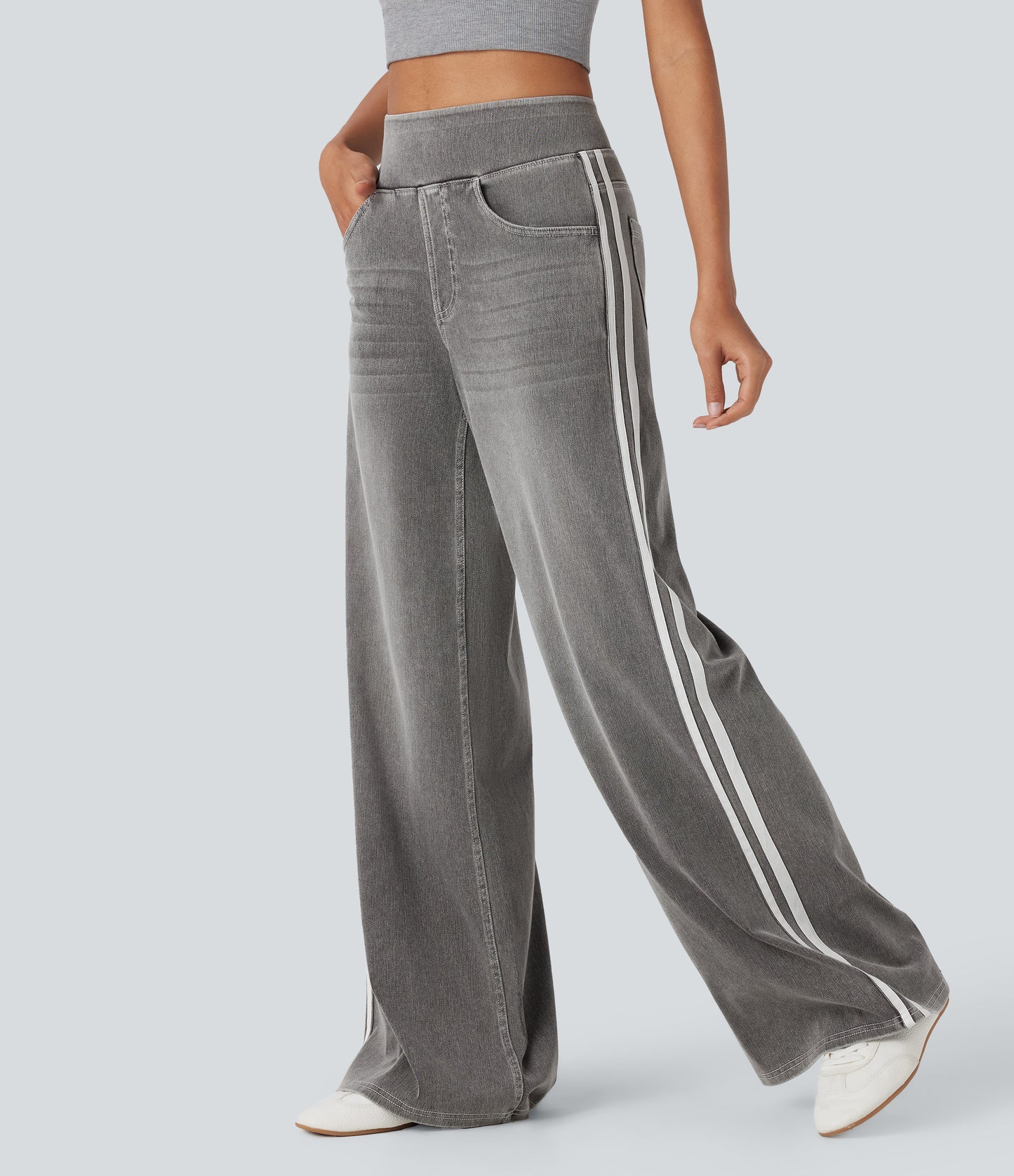 FYsuper-High Waisted Stripe Wide Leg Flowy Washed Casual Jeans with Pockets