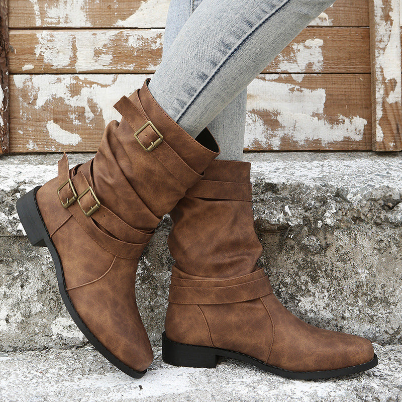 Women's Matte PU Buckle-Detailed Slouch Boots - Crushed Texture Stacked Mid-Calf Flat Boots (US 5-10.5)