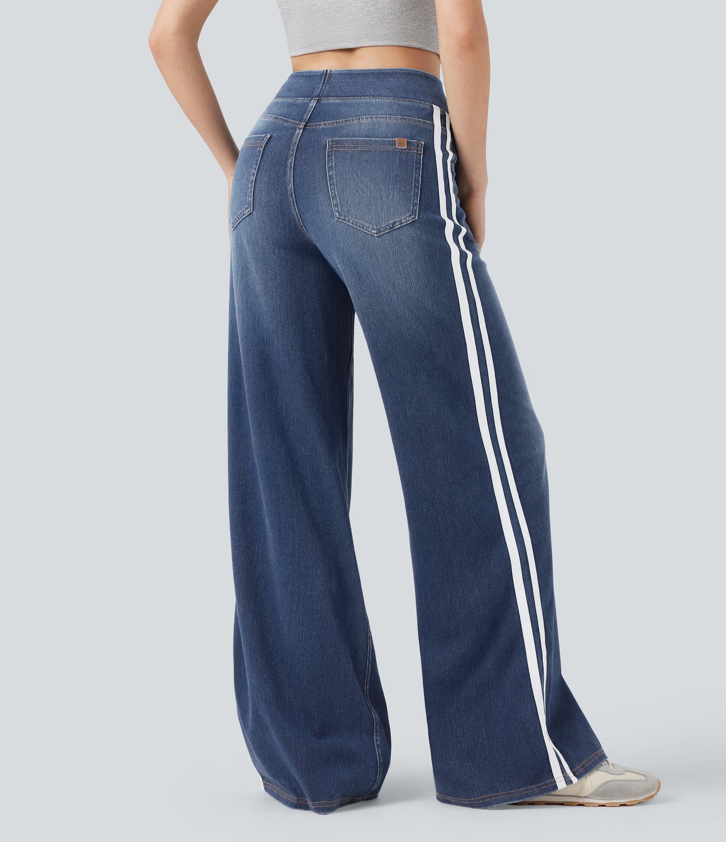FYsuper-High Waisted Stripe Wide Leg Flowy Washed Casual Jeans with Pockets