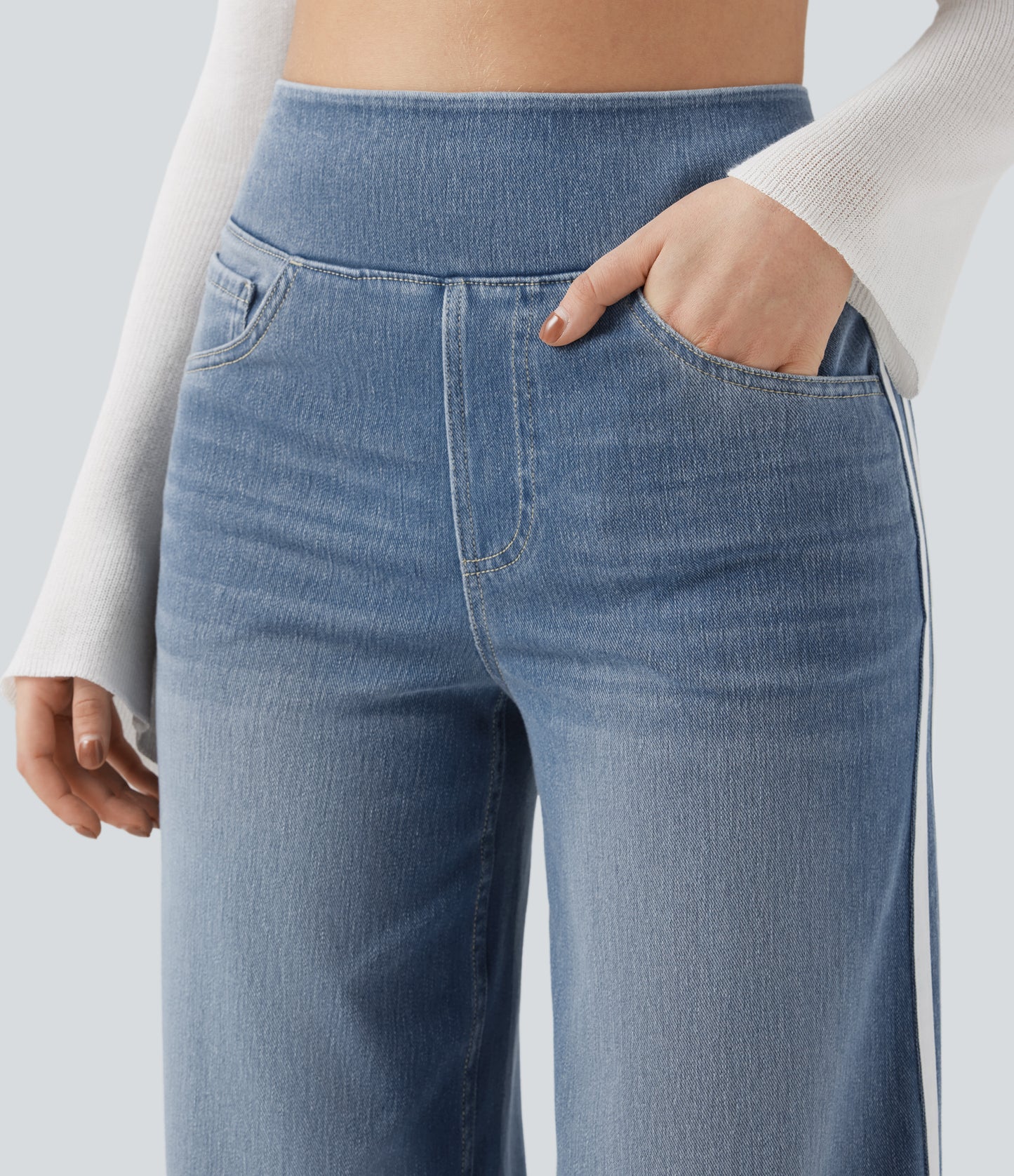 FYsuper-High Waisted Stripe Wide Leg Flowy Washed Casual Jeans with Pockets