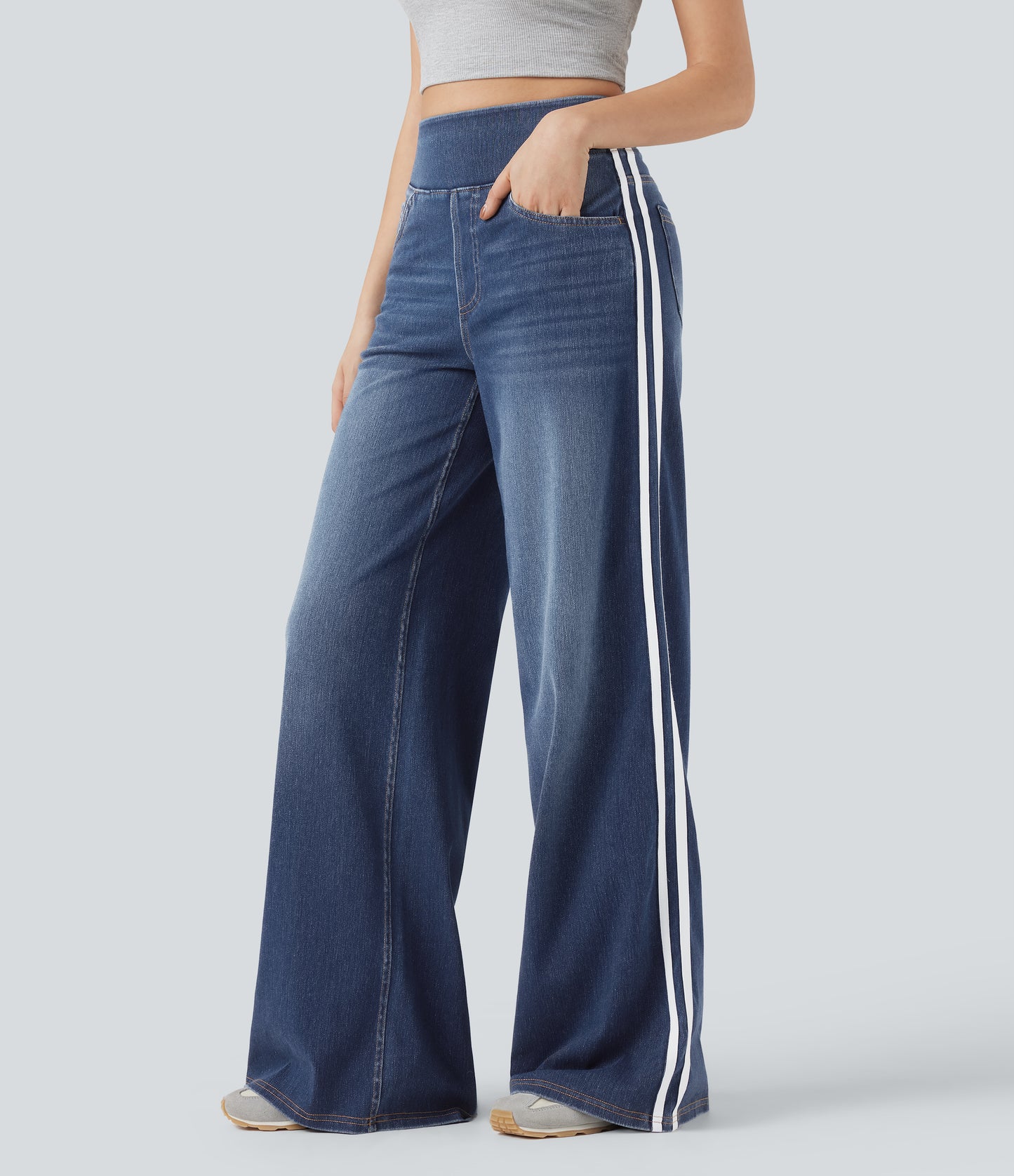 FYsuper-High Waisted Stripe Wide Leg Flowy Washed Casual Jeans with Pockets