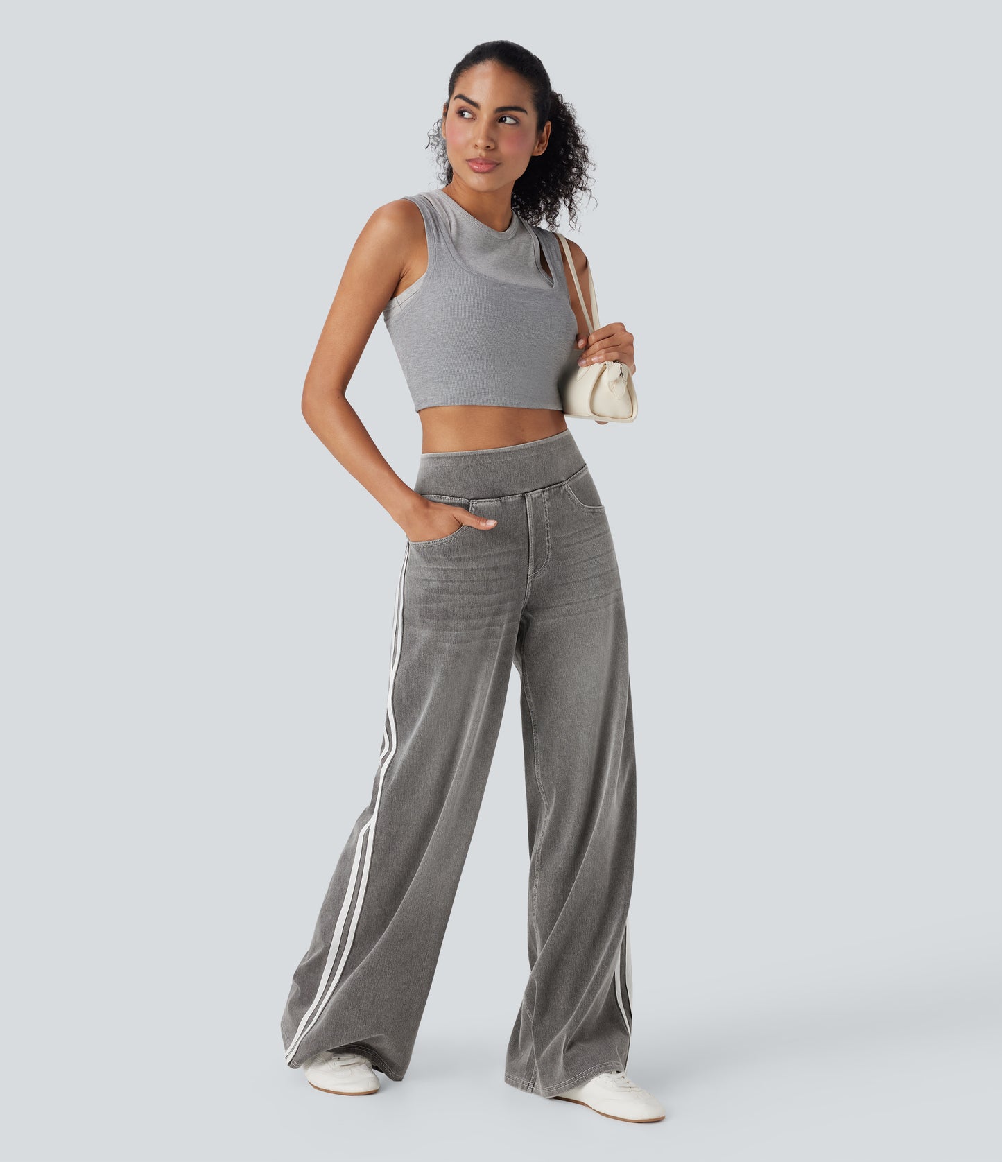 FYsuper-High Waisted Stripe Wide Leg Flowy Washed Casual Jeans with Pockets