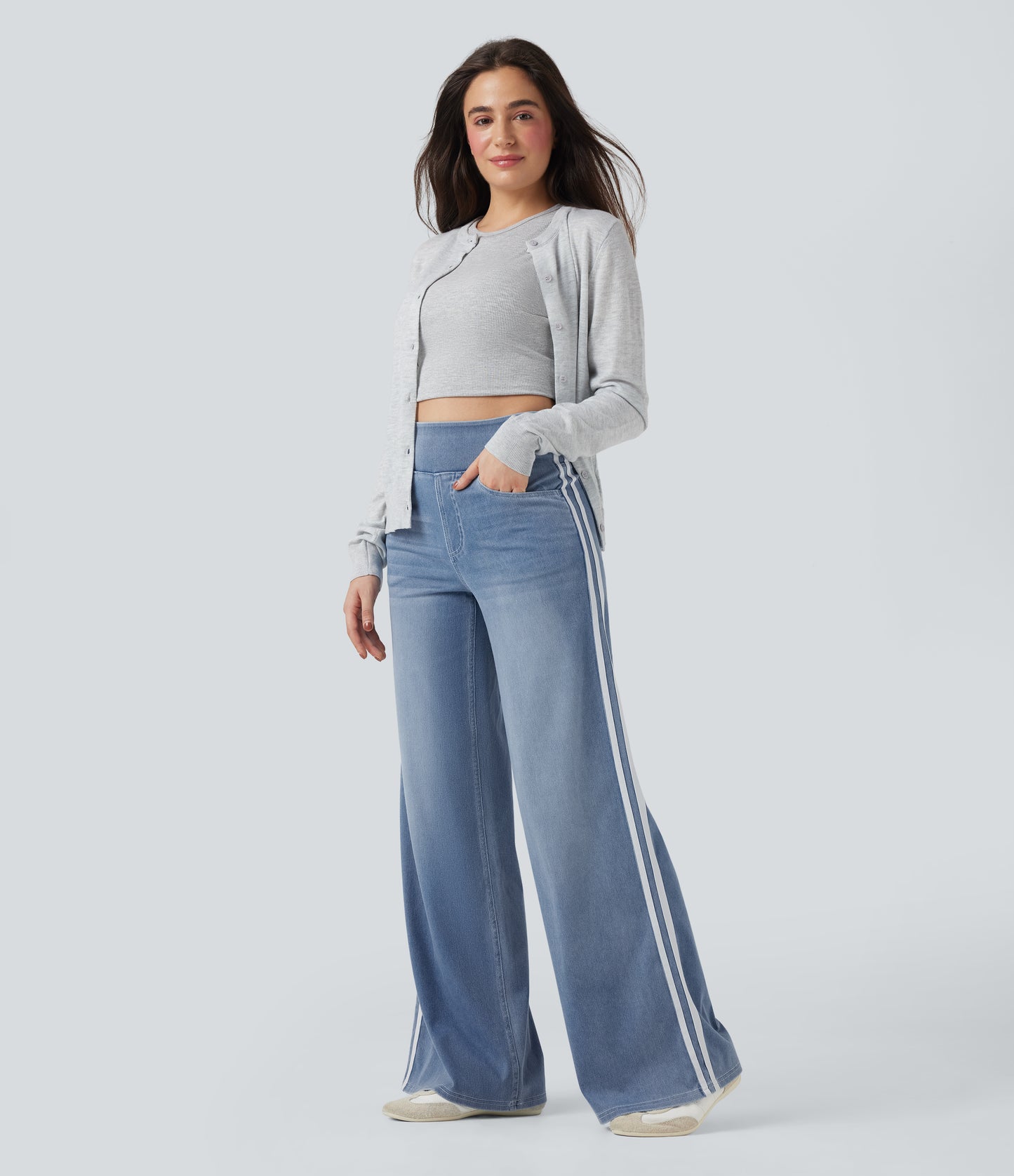 FYsuper-High Waisted Stripe Wide Leg Flowy Washed Casual Jeans with Pockets