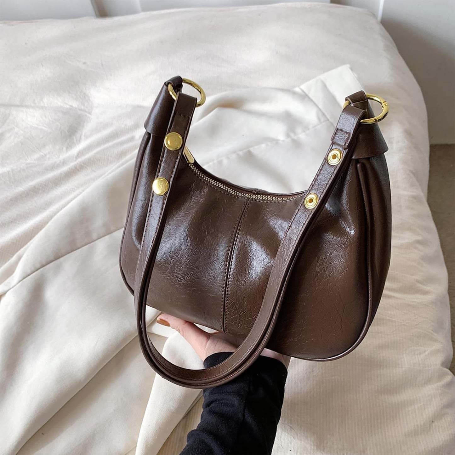 Shoulder Bags for Women Small Hobo Bags Crescent Shaped Cute Retro Tote Handbag Mini Clutch Purse with Zipper Closure