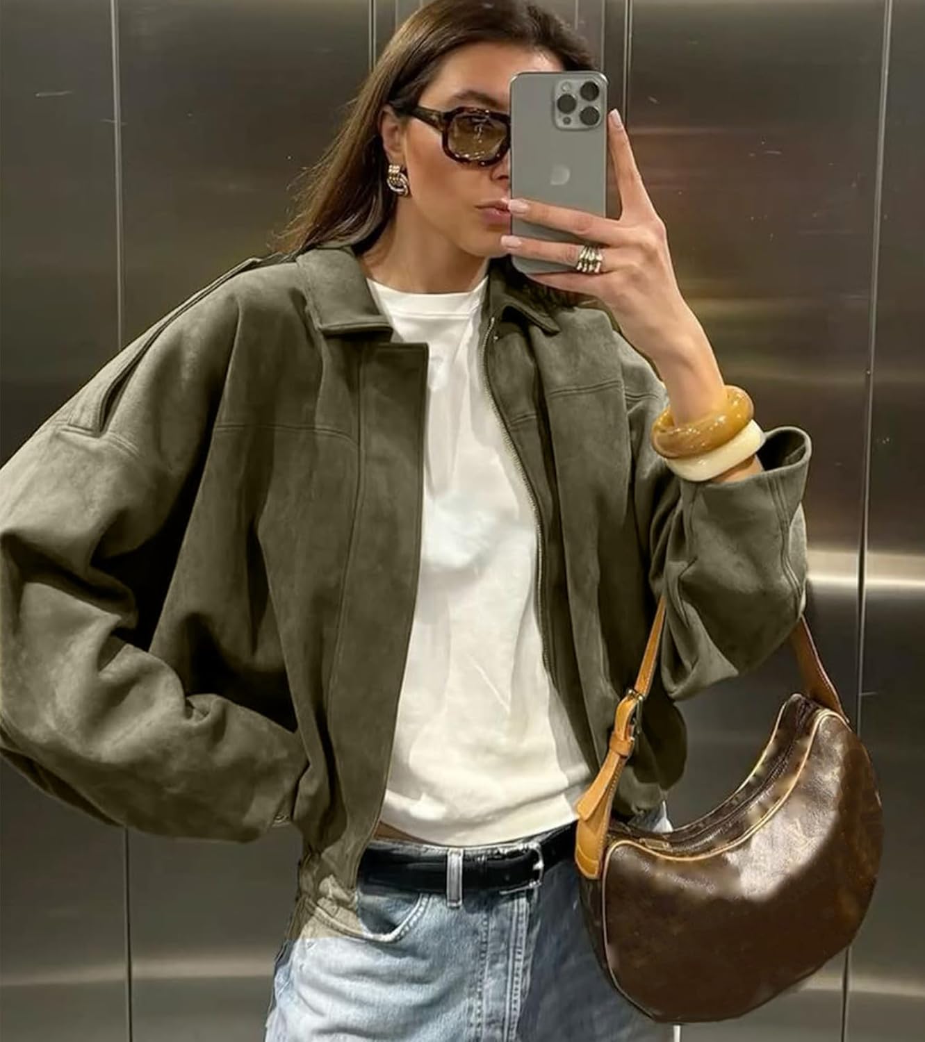 Womens Faux Suede Bomber Jacket Casual Lapel Pilot Cropped Coat Oversized Motorcycle Jackets 2025 Outerwear